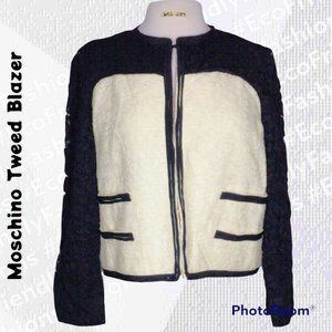 Moschino Women's White Black Long Sleeve Open Front Tweed and Lace Blazer Jacket